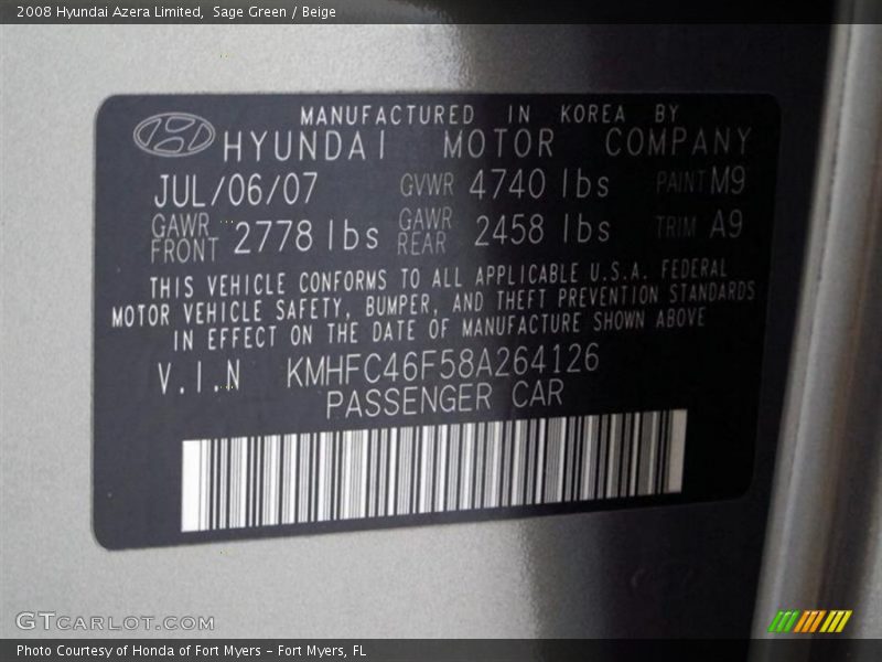 Sage Green / Beige 2008 Hyundai Azera Limited