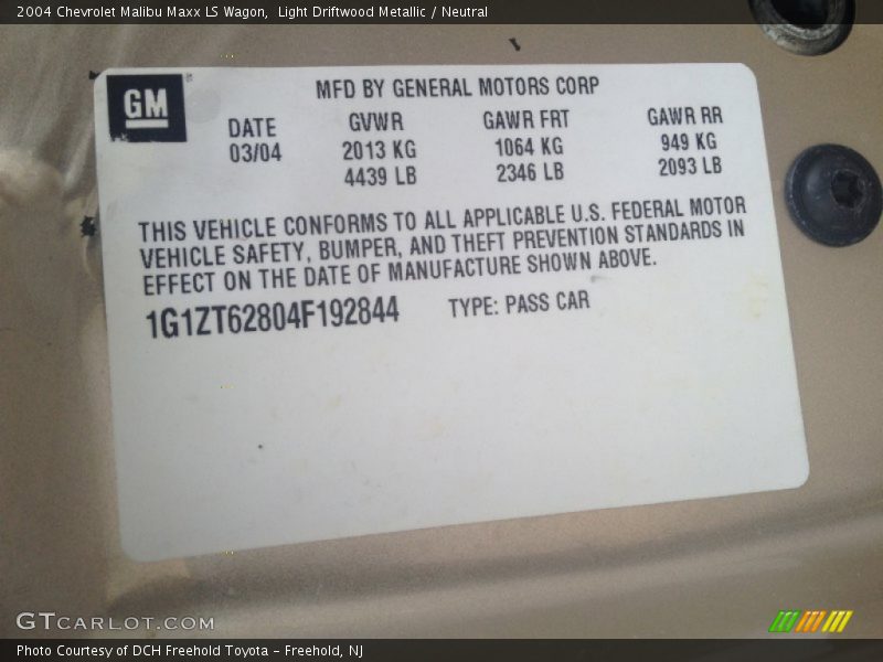 Info Tag of 2004 Malibu Maxx LS Wagon