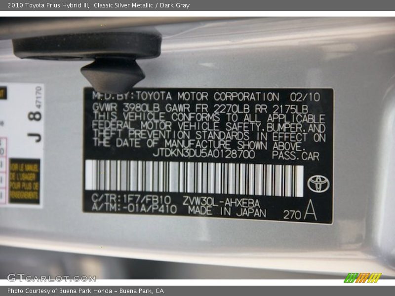 Classic Silver Metallic / Dark Gray 2010 Toyota Prius Hybrid III