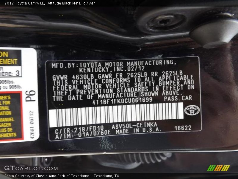 Attitude Black Metallic / Ash 2012 Toyota Camry LE