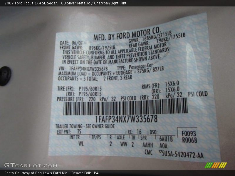 2007 Focus ZX4 SE Sedan CD Silver Metallic Color Code TS