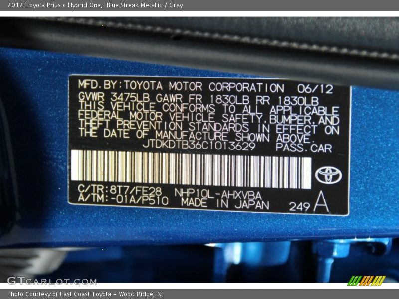 2012 Prius c Hybrid One Blue Streak Metallic Color Code 8T7