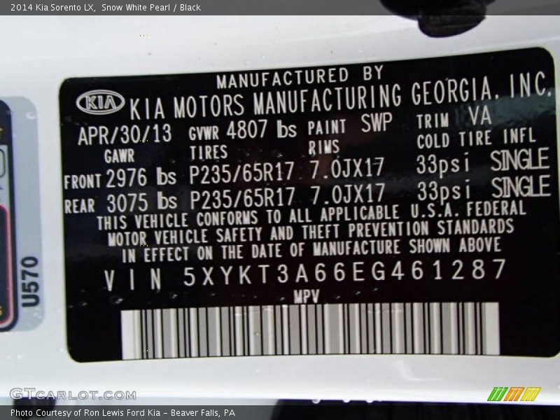 Snow White Pearl / Black 2014 Kia Sorento LX