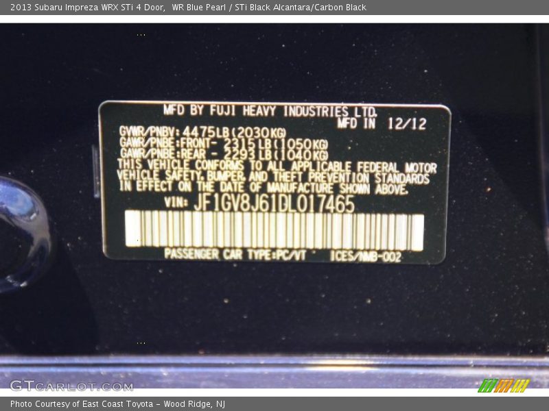 WR Blue Pearl / STi Black Alcantara/Carbon Black 2013 Subaru Impreza WRX STi 4 Door