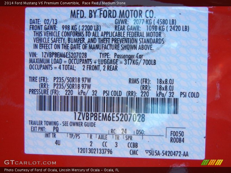 2014 Mustang V6 Premium Convertible Race Red Color Code PQ