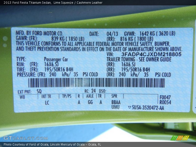2013 Fiesta Titanium Sedan Lime Squeeze Color Code SQ