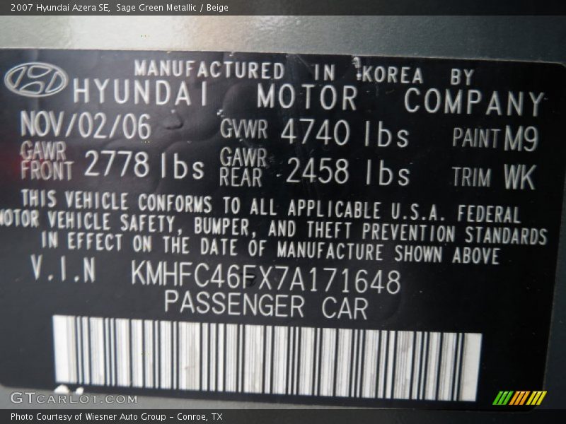 Sage Green Metallic / Beige 2007 Hyundai Azera SE