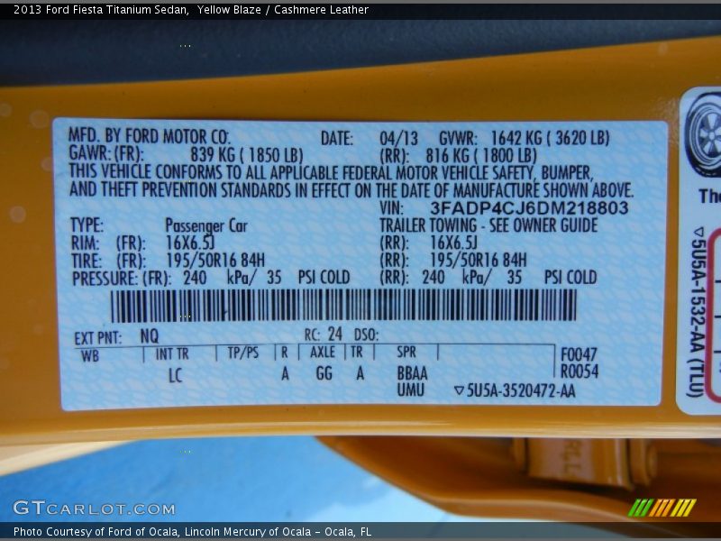 2013 Fiesta Titanium Sedan Yellow Blaze Color Code NQ