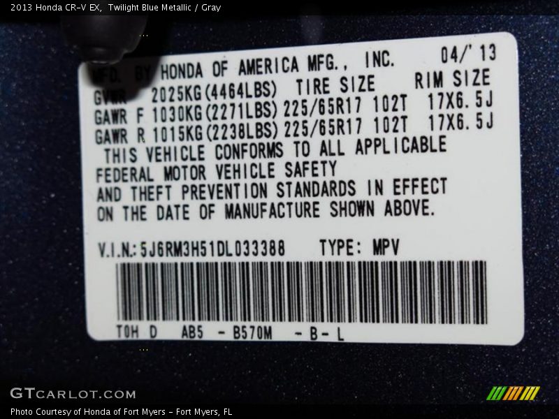 Twilight Blue Metallic / Gray 2013 Honda CR-V EX