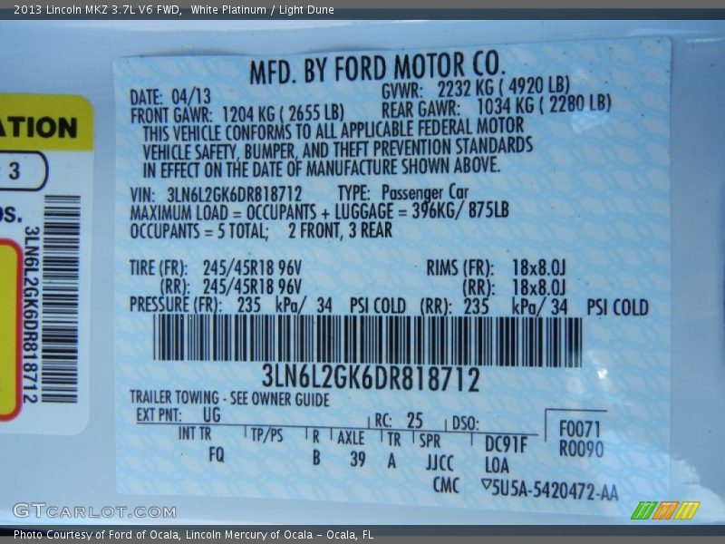 White Platinum / Light Dune 2013 Lincoln MKZ 3.7L V6 FWD