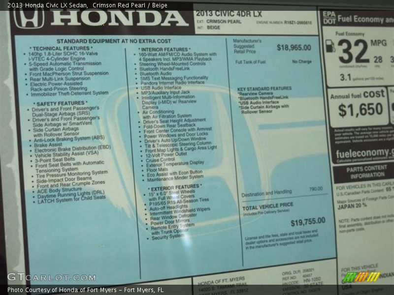 Crimson Red Pearl / Beige 2013 Honda Civic LX Sedan