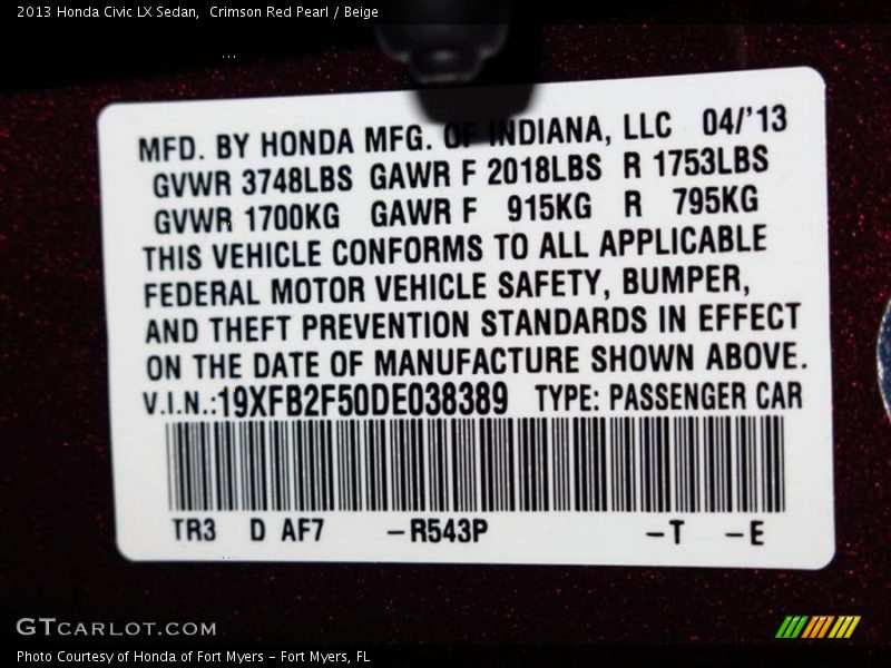 Crimson Red Pearl / Beige 2013 Honda Civic LX Sedan