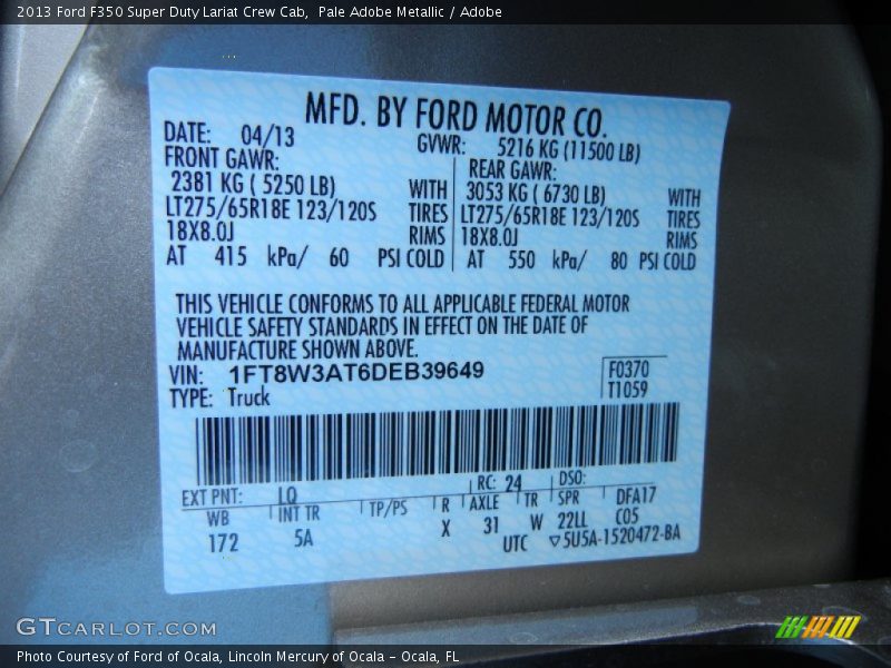 2013 F350 Super Duty Lariat Crew Cab Pale Adobe Metallic Color Code LQ