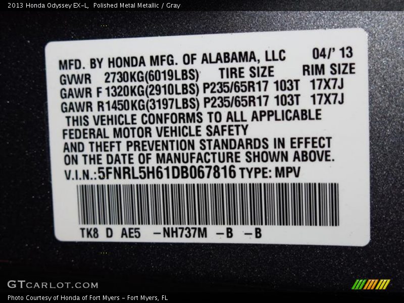 Polished Metal Metallic / Gray 2013 Honda Odyssey EX-L