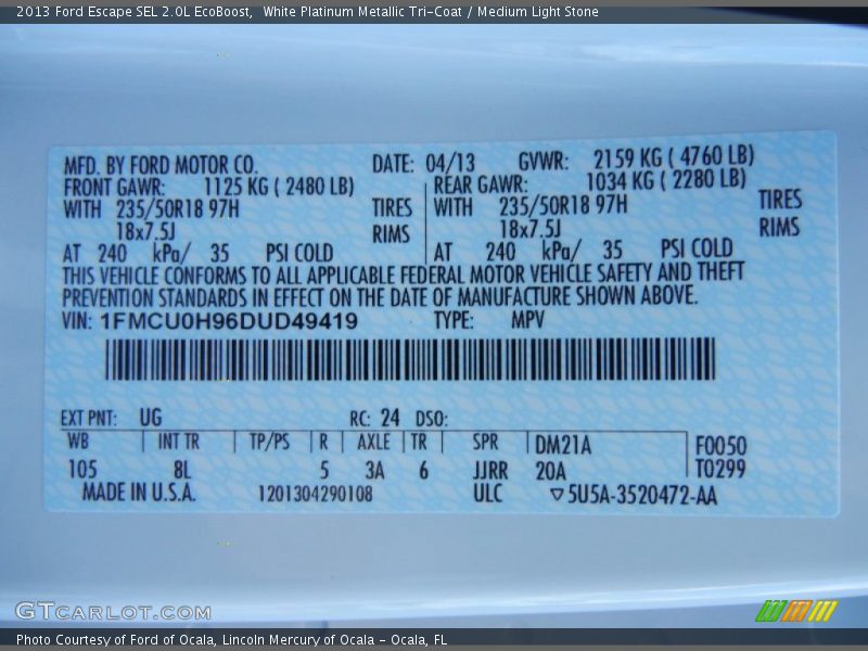 White Platinum Metallic Tri-Coat / Medium Light Stone 2013 Ford Escape SEL 2.0L EcoBoost