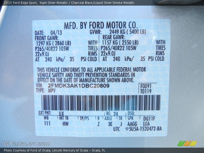 Ingot Silver Metallic / Charcoal Black/Liquid Silver Smoke Metallic 2013 Ford Edge Sport