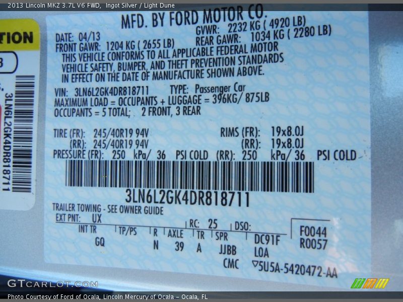 Ingot Silver / Light Dune 2013 Lincoln MKZ 3.7L V6 FWD