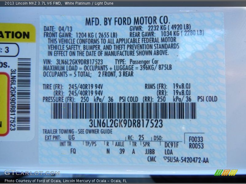 2013 MKZ 3.7L V6 FWD White Platinum Color Code UG