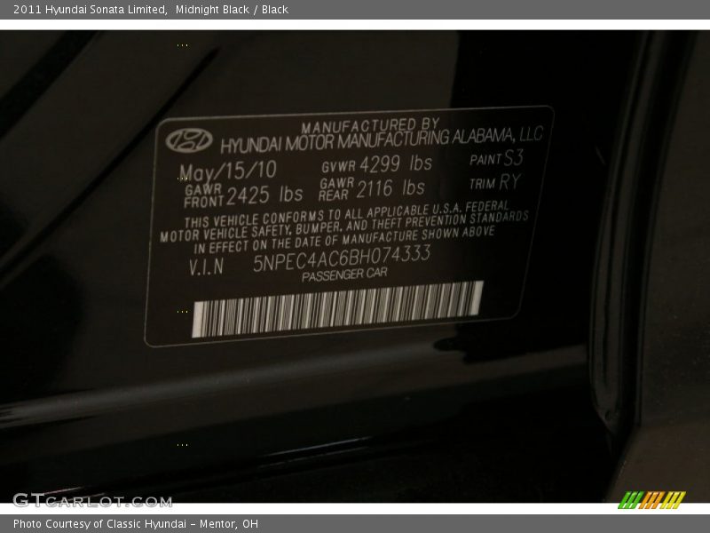 Midnight Black / Black 2011 Hyundai Sonata Limited