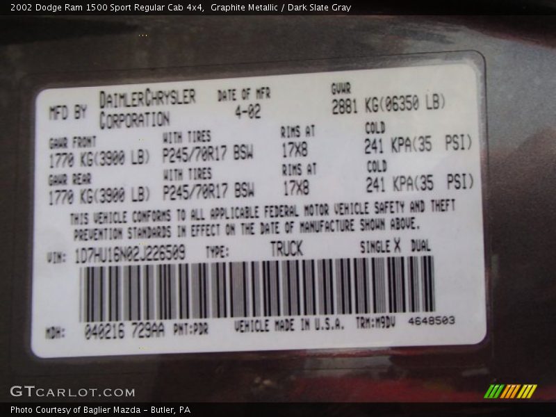 2002 Ram 1500 Sport Regular Cab 4x4 Graphite Metallic Color Code PDR