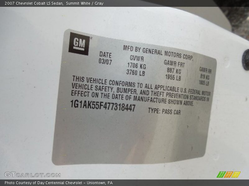 Summit White / Gray 2007 Chevrolet Cobalt LS Sedan