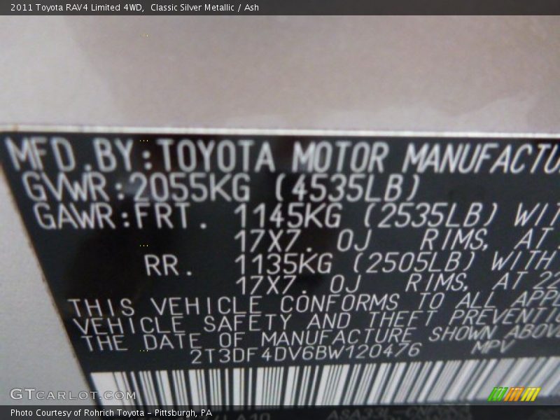 Classic Silver Metallic / Ash 2011 Toyota RAV4 Limited 4WD