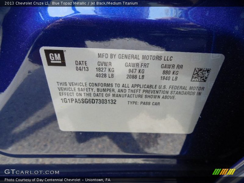 Blue Topaz Metallic / Jet Black/Medium Titanium 2013 Chevrolet Cruze LS