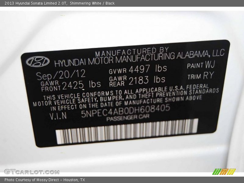 Shimmering White / Black 2013 Hyundai Sonata Limited 2.0T