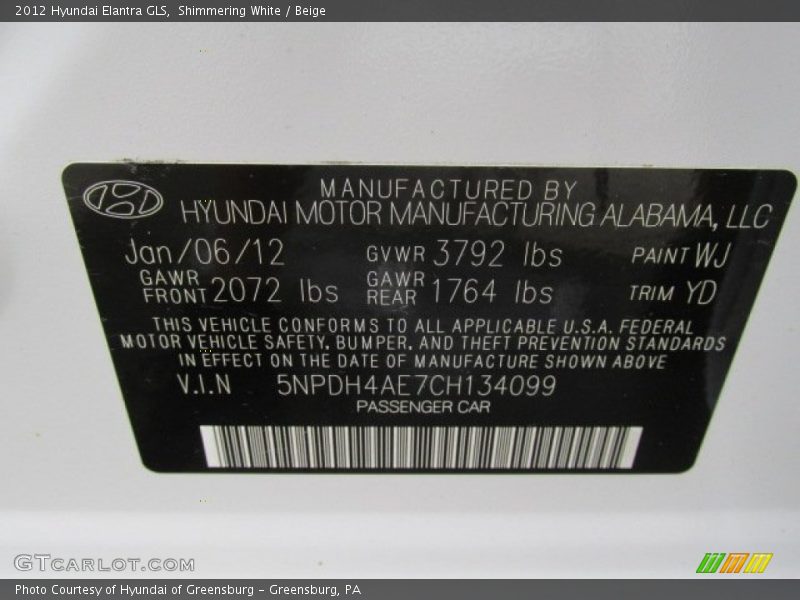 Shimmering White / Beige 2012 Hyundai Elantra GLS