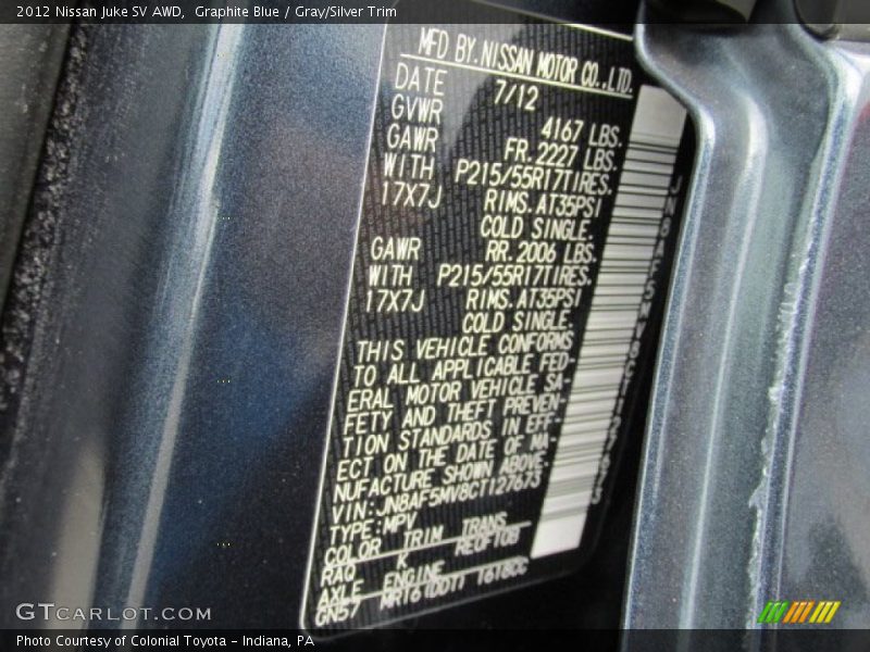 Graphite Blue / Gray/Silver Trim 2012 Nissan Juke SV AWD