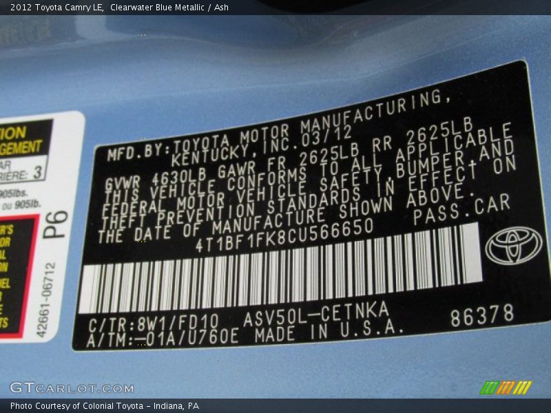 Clearwater Blue Metallic / Ash 2012 Toyota Camry LE