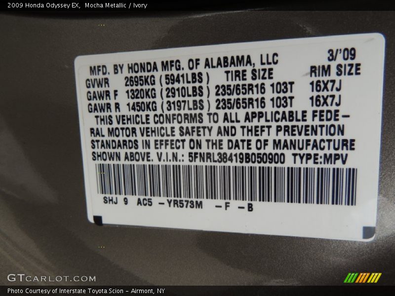 2009 Odyssey EX Mocha Metallic Color Code YR573M