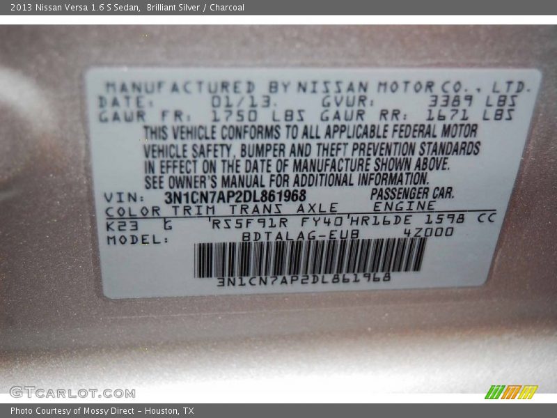 Brilliant Silver / Charcoal 2013 Nissan Versa 1.6 S Sedan