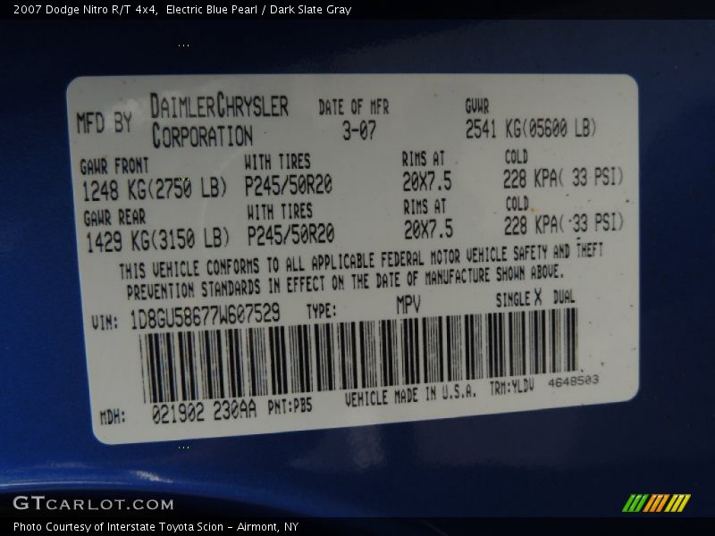 Electric Blue Pearl / Dark Slate Gray 2007 Dodge Nitro R/T 4x4