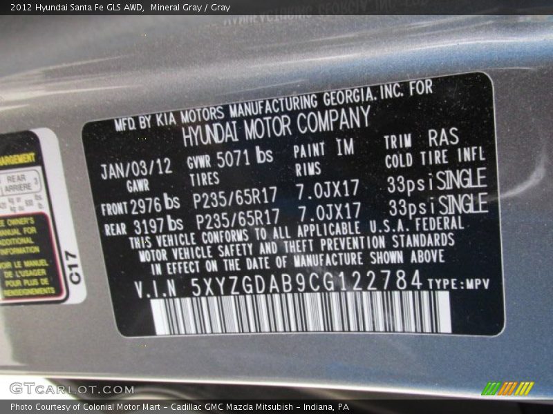 Mineral Gray / Gray 2012 Hyundai Santa Fe GLS AWD