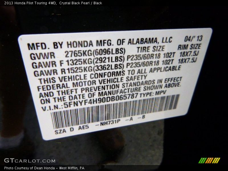 Crystal Black Pearl / Black 2013 Honda Pilot Touring 4WD