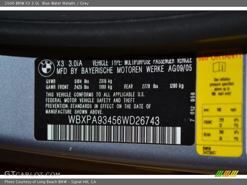 Blue Water Metallic / Grey 2006 BMW X3 3.0i