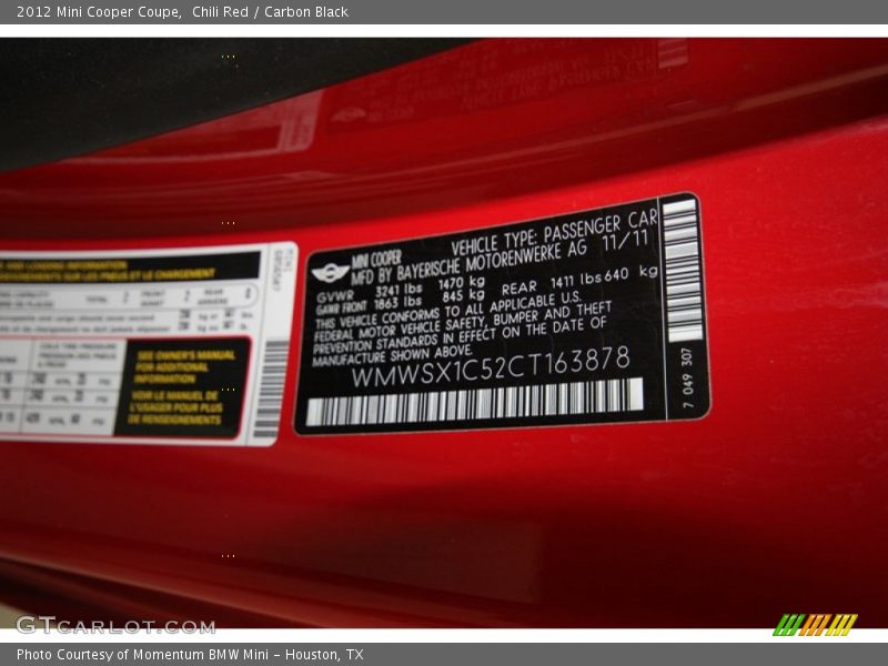 Chili Red / Carbon Black 2012 Mini Cooper Coupe