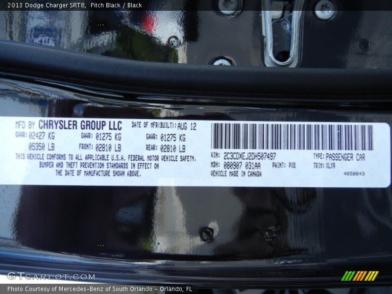 2013 Charger SRT8 Pitch Black Color Code PX8