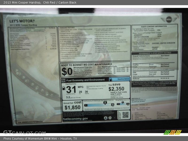 Chili Red / Carbon Black 2013 Mini Cooper Hardtop