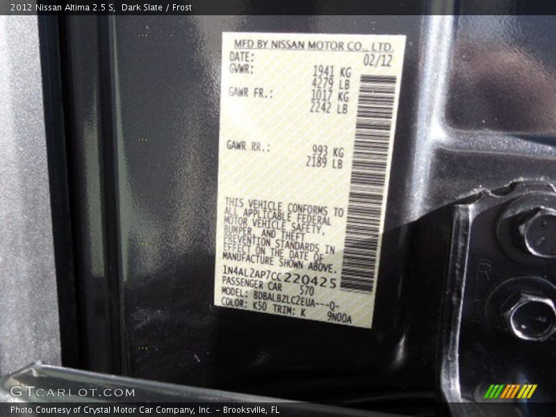 Dark Slate / Frost 2012 Nissan Altima 2.5 S