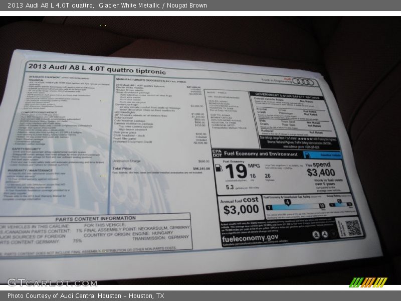 2013 A8 L 4.0T quattro Window Sticker