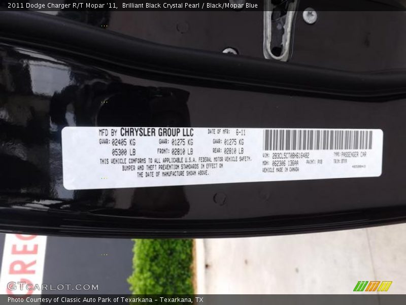 Brilliant Black Crystal Pearl / Black/Mopar Blue 2011 Dodge Charger R/T Mopar '11