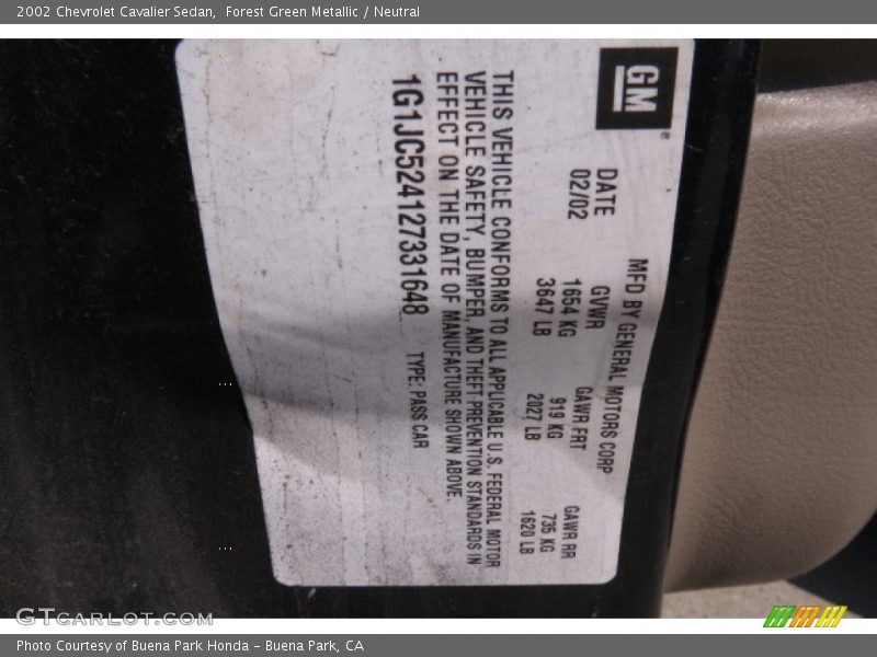 Forest Green Metallic / Neutral 2002 Chevrolet Cavalier Sedan