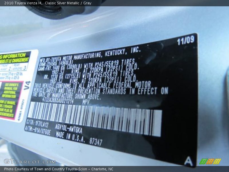 2010 Venza I4 Classic Silver Metallic Color Code 1F7