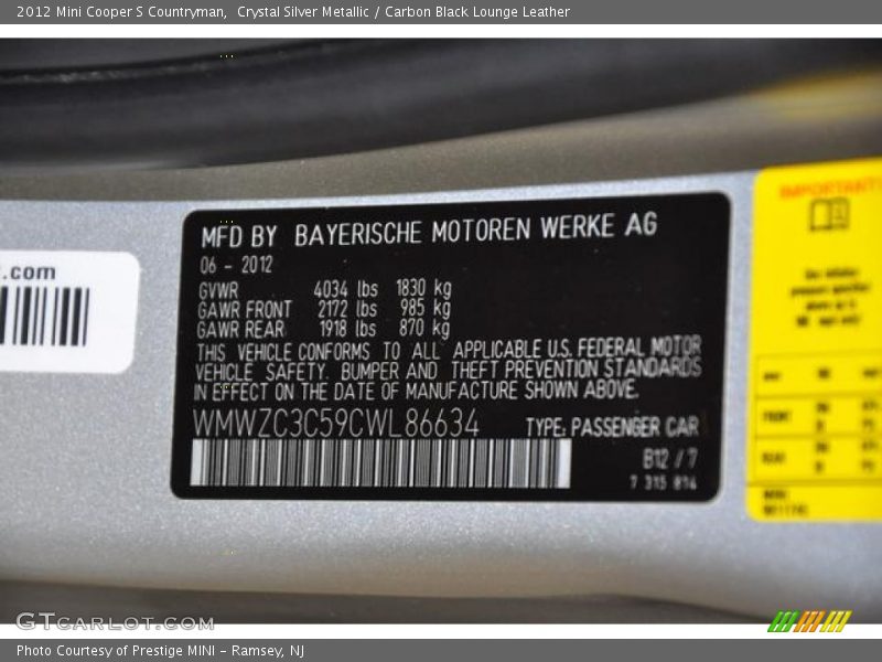 Crystal Silver Metallic / Carbon Black Lounge Leather 2012 Mini Cooper S Countryman