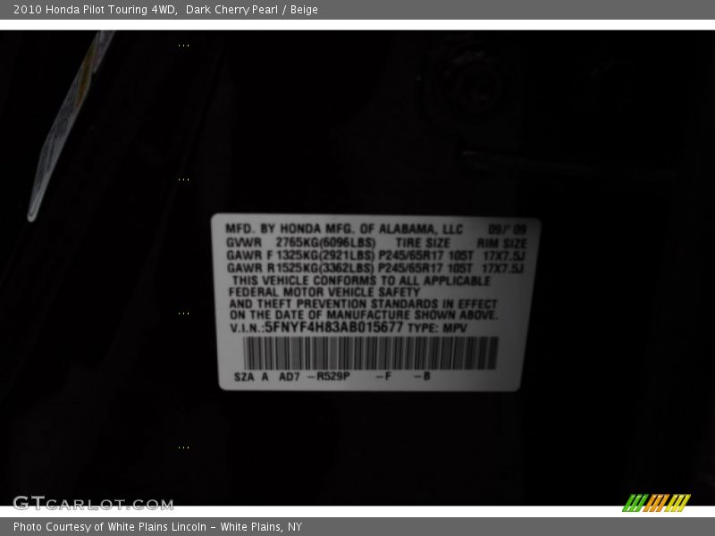 Dark Cherry Pearl / Beige 2010 Honda Pilot Touring 4WD