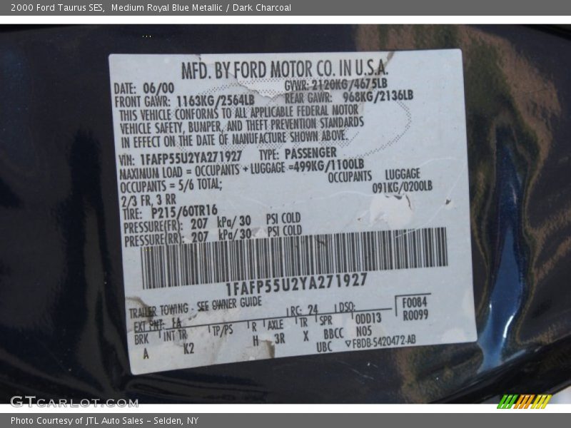 Medium Royal Blue Metallic / Dark Charcoal 2000 Ford Taurus SES