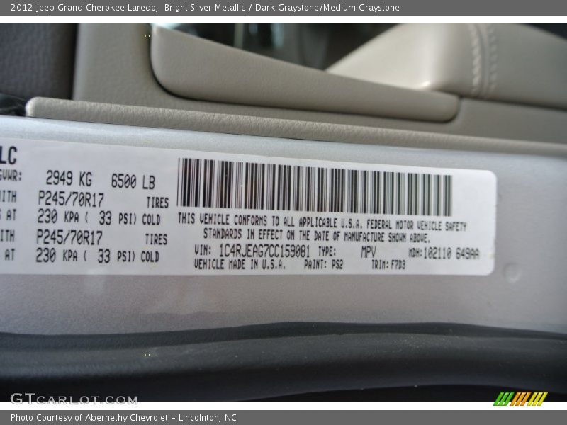 Bright Silver Metallic / Dark Graystone/Medium Graystone 2012 Jeep Grand Cherokee Laredo