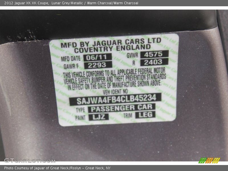2012 XK XK Coupe Lunar Grey Metallic Color Code LJZ